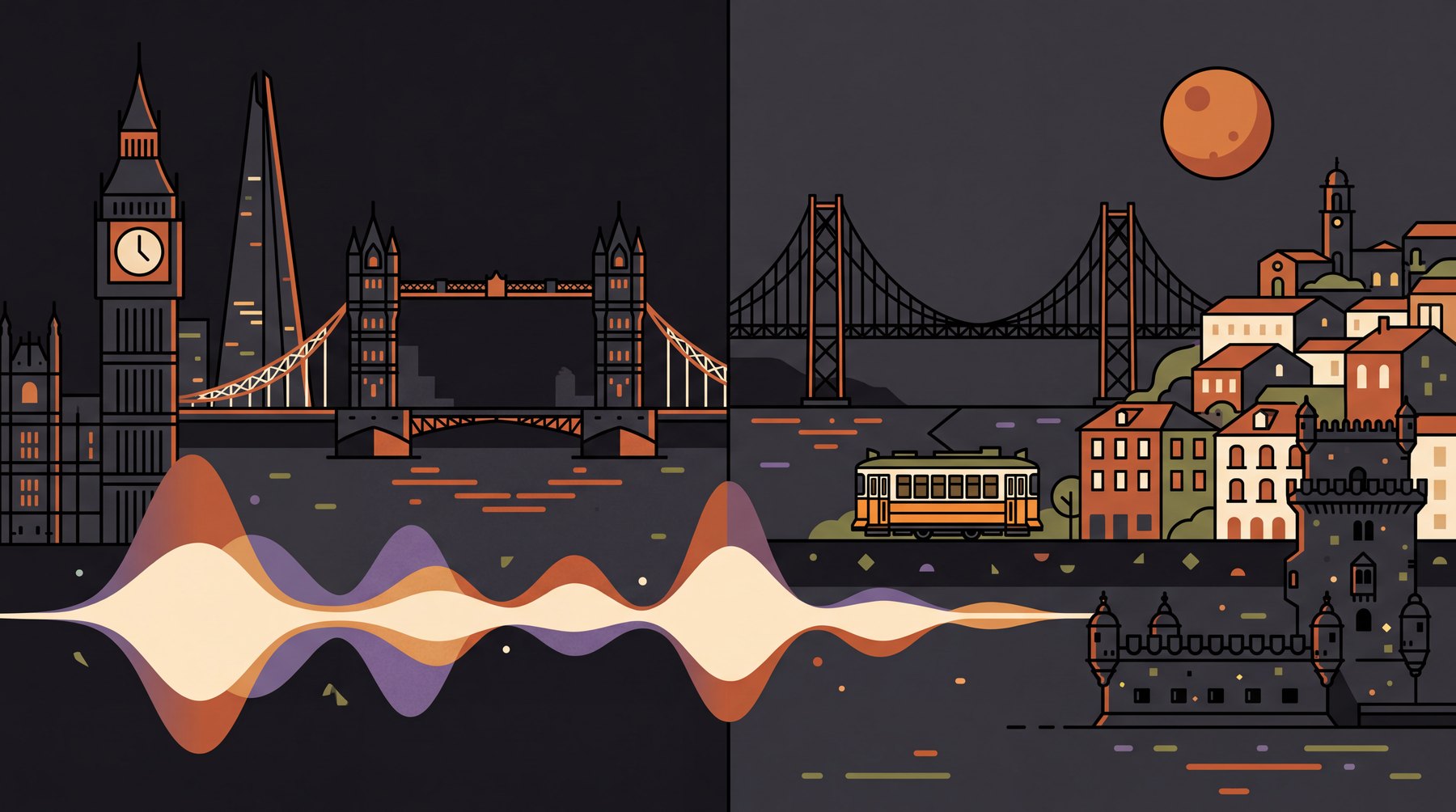 London and Lisbon skylines connected by a sound wave