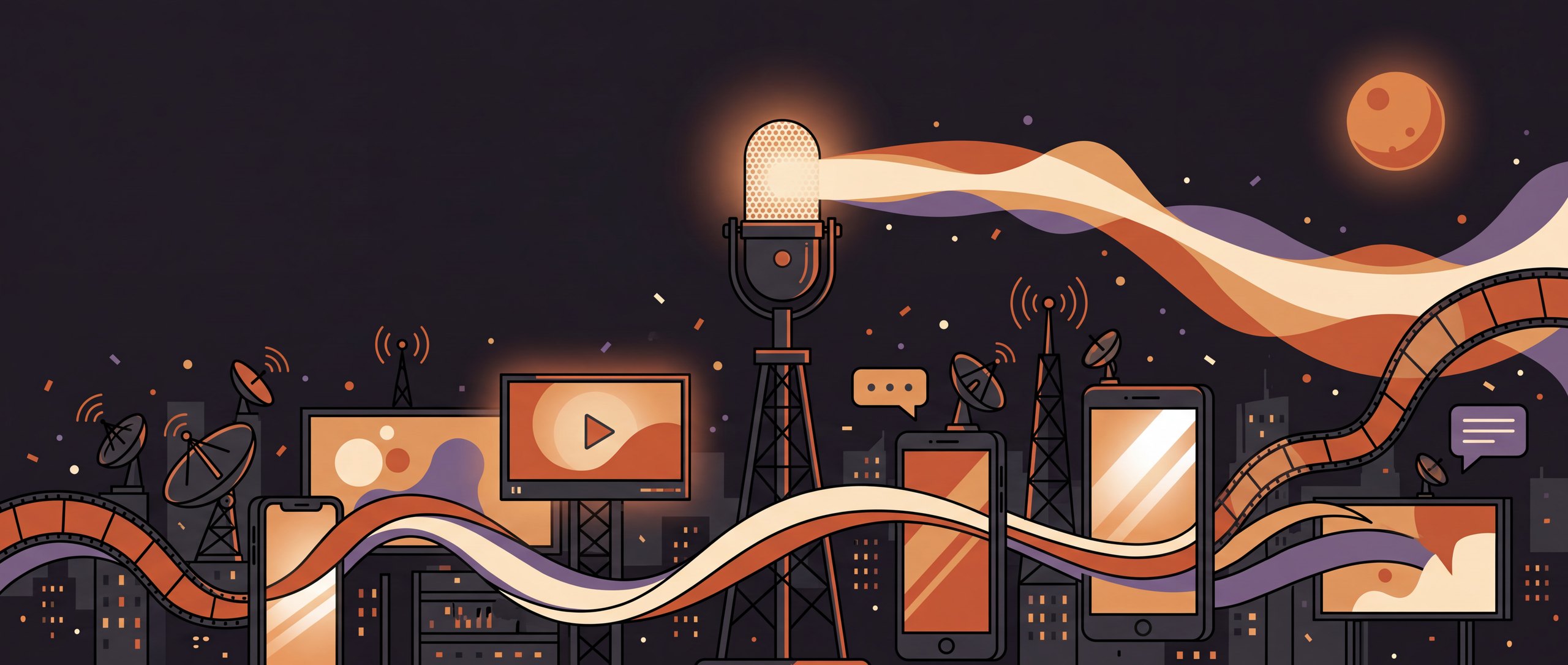 Broadcast microphone tower beaming sound across a night skyline