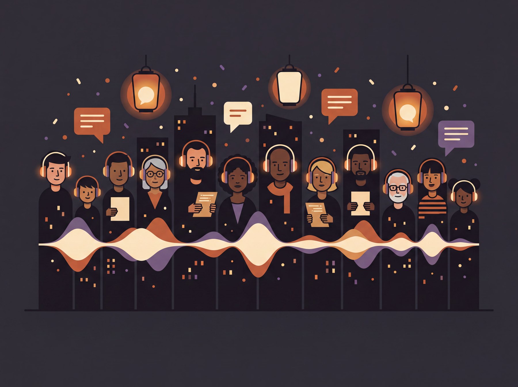 Stylised crowd of our voice actors at night