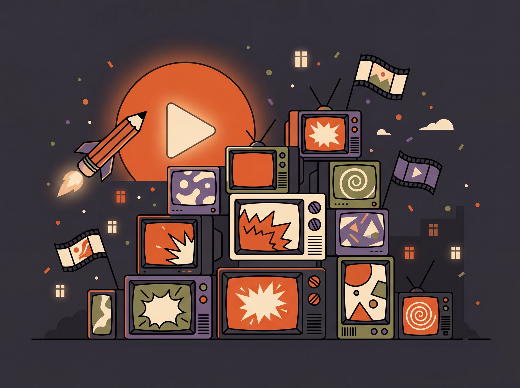 Retro TVs and a giant play-button sun