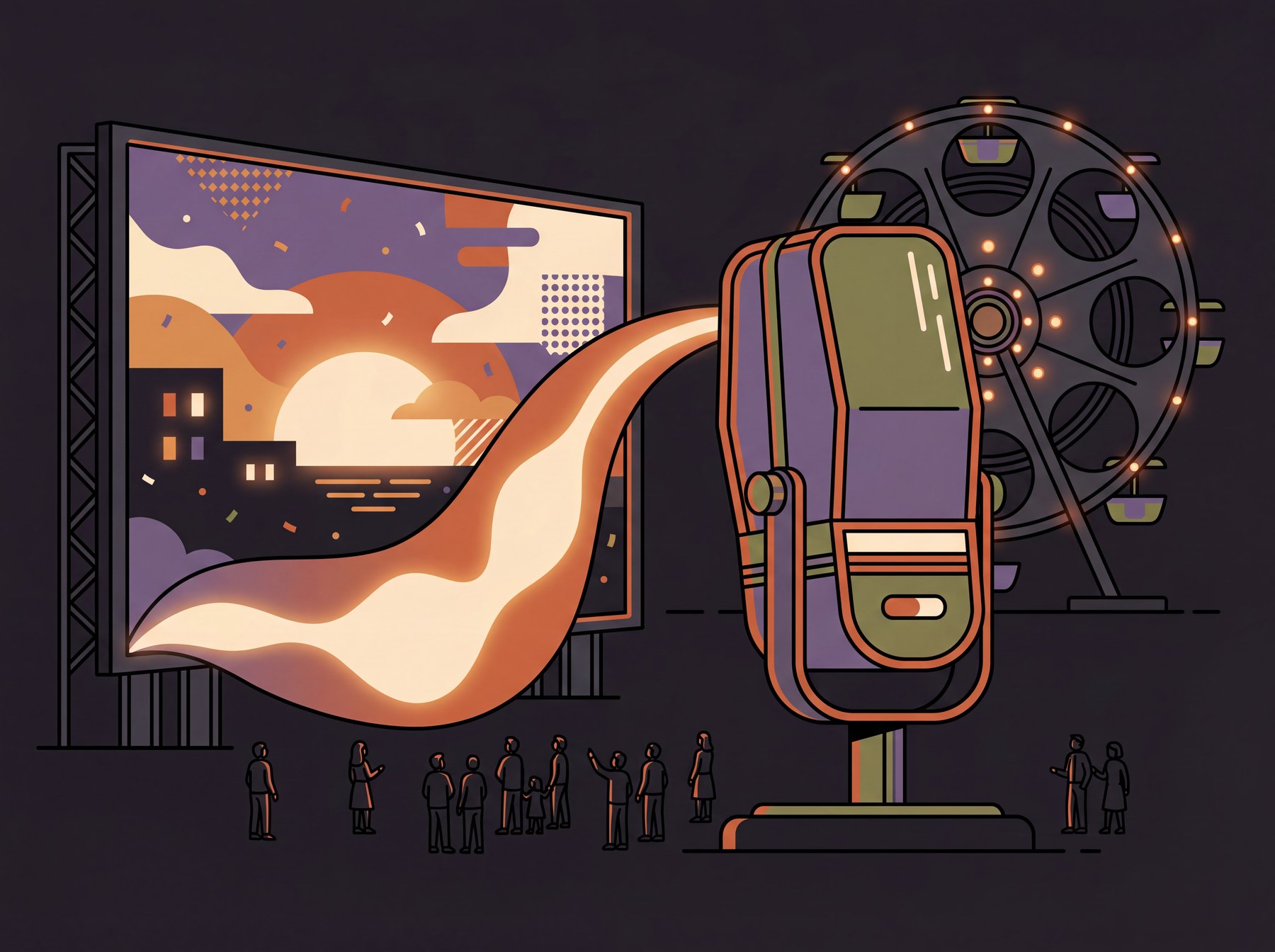 Outdoor cinema screen flowing into a giant microphone