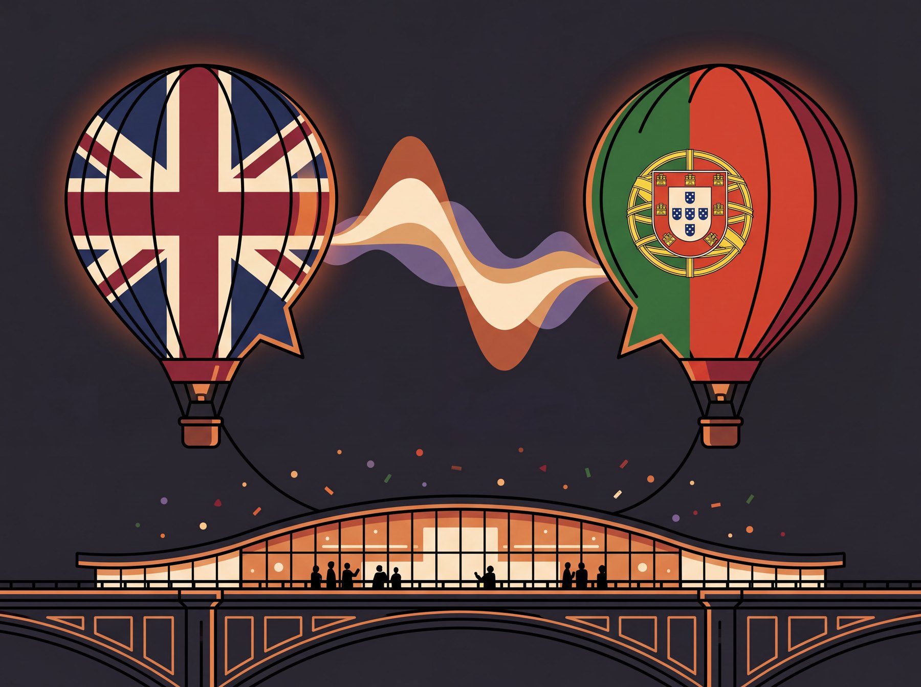 Speech-bubble balloons over a conference bridge
