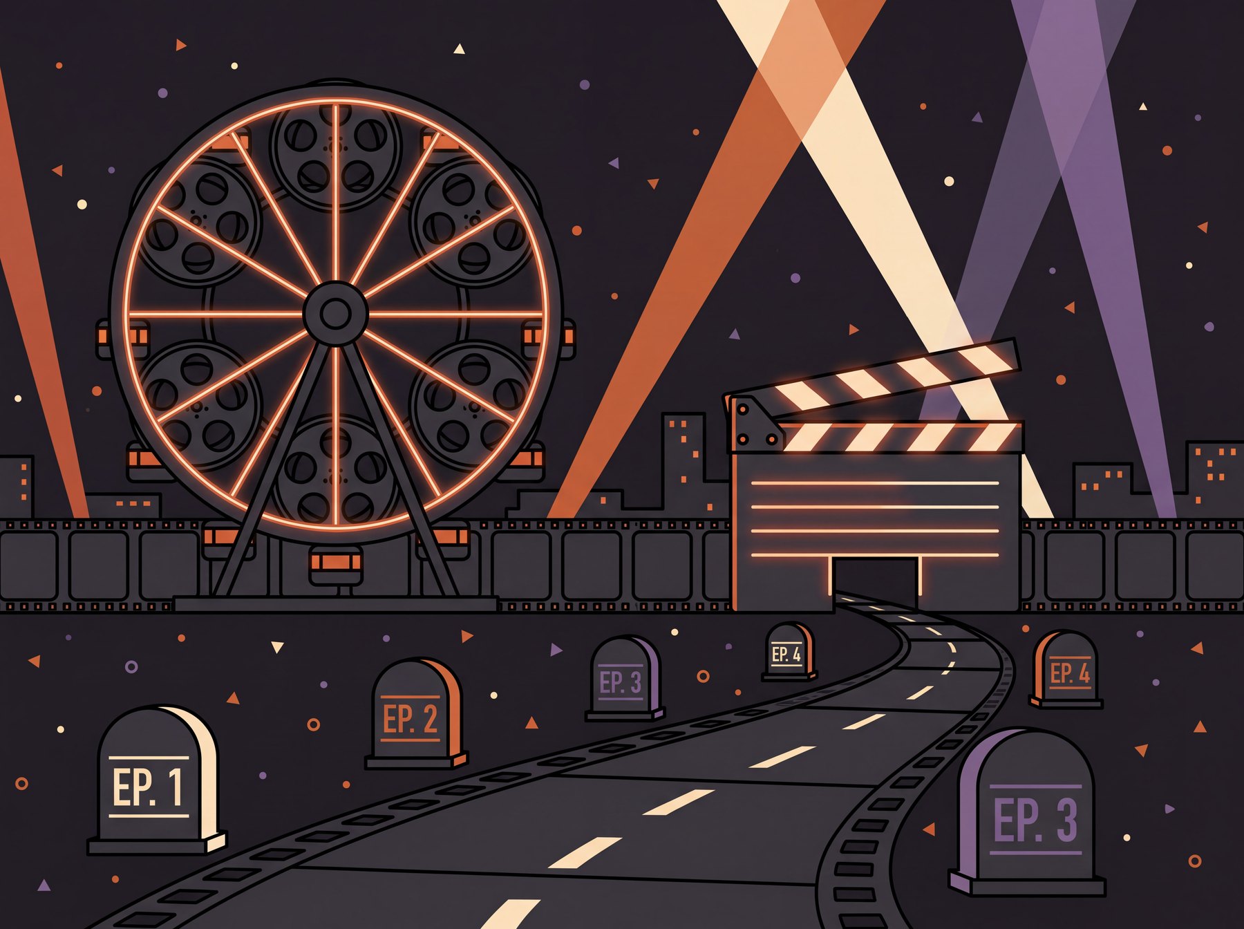 Film-reel ferris wheel and clapperboard bridge